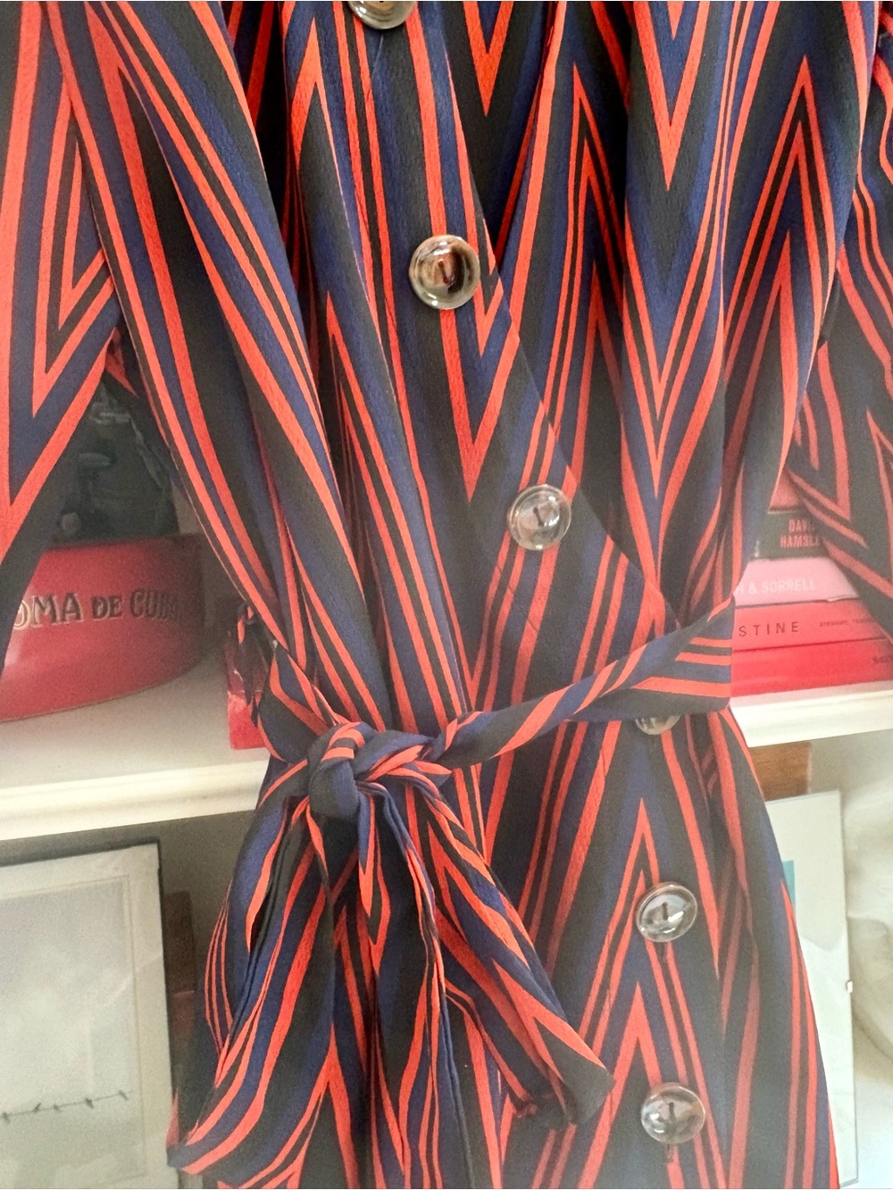 TOPSHOP Striped Belted Shirt Dress in Navy and Red - Picture 3 of 4